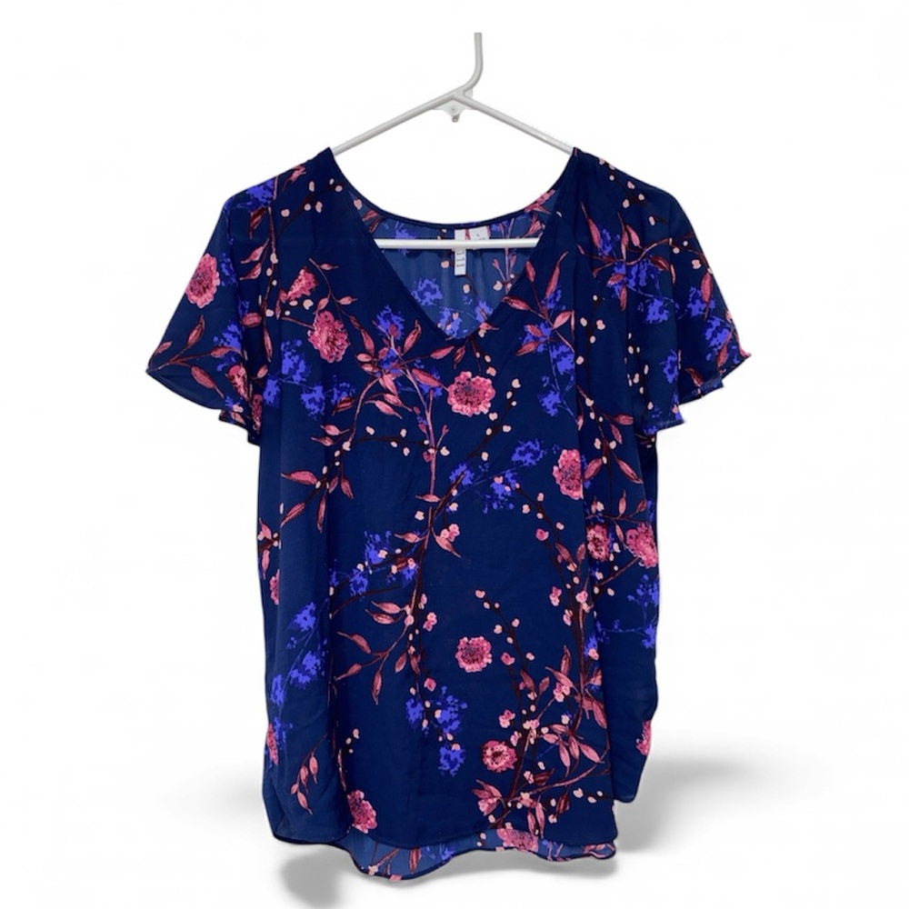 Elle Floral V-Neck Top Womens Large Blue Dark Romantic Forest Fairy Flowy Sleeve